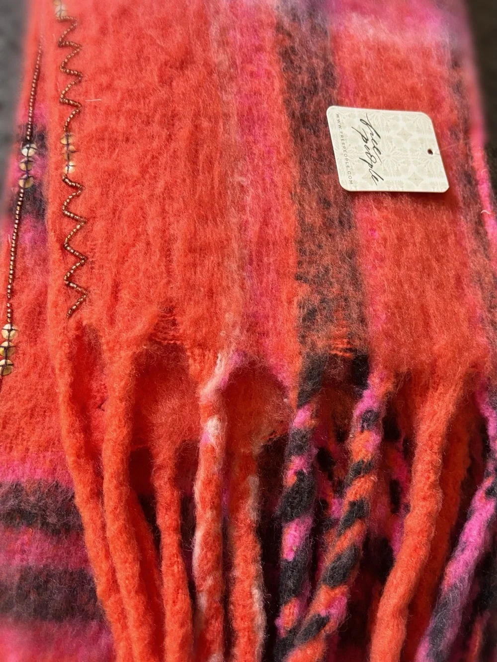 Free People Beaded Plaid Scarf – Pink Combo / NWT
